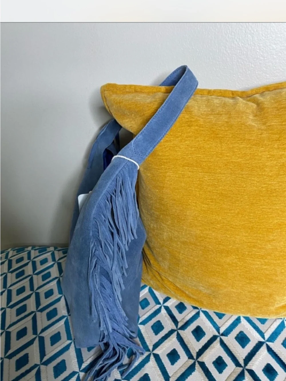 NWT! Haute Hippie Genuine Suede Powder Blue Slouchy Hobo Fringe Bag